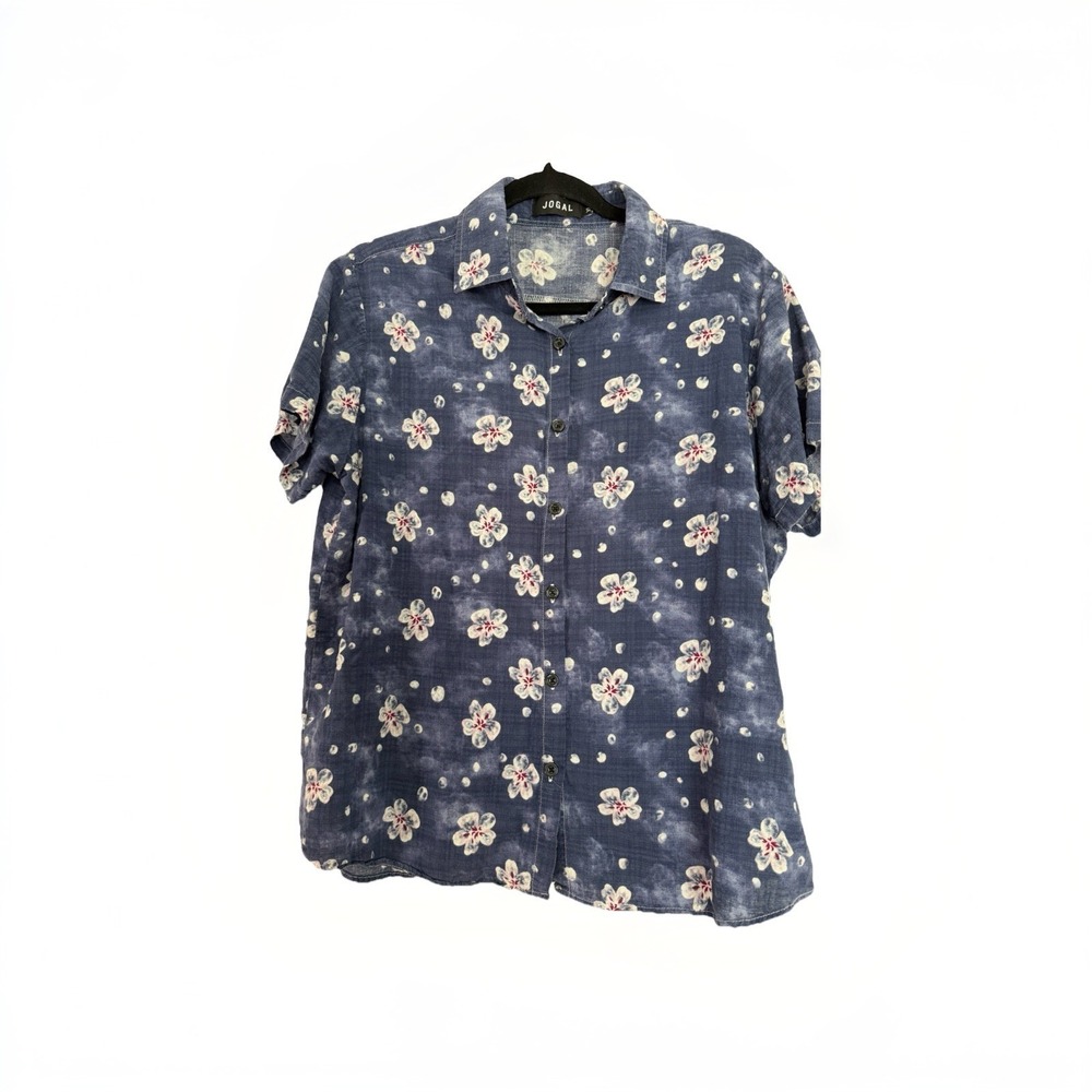 JOGAL Women's Floral Hawaiian Shirt Blouse Navy Blue Short Sleeve Size XL